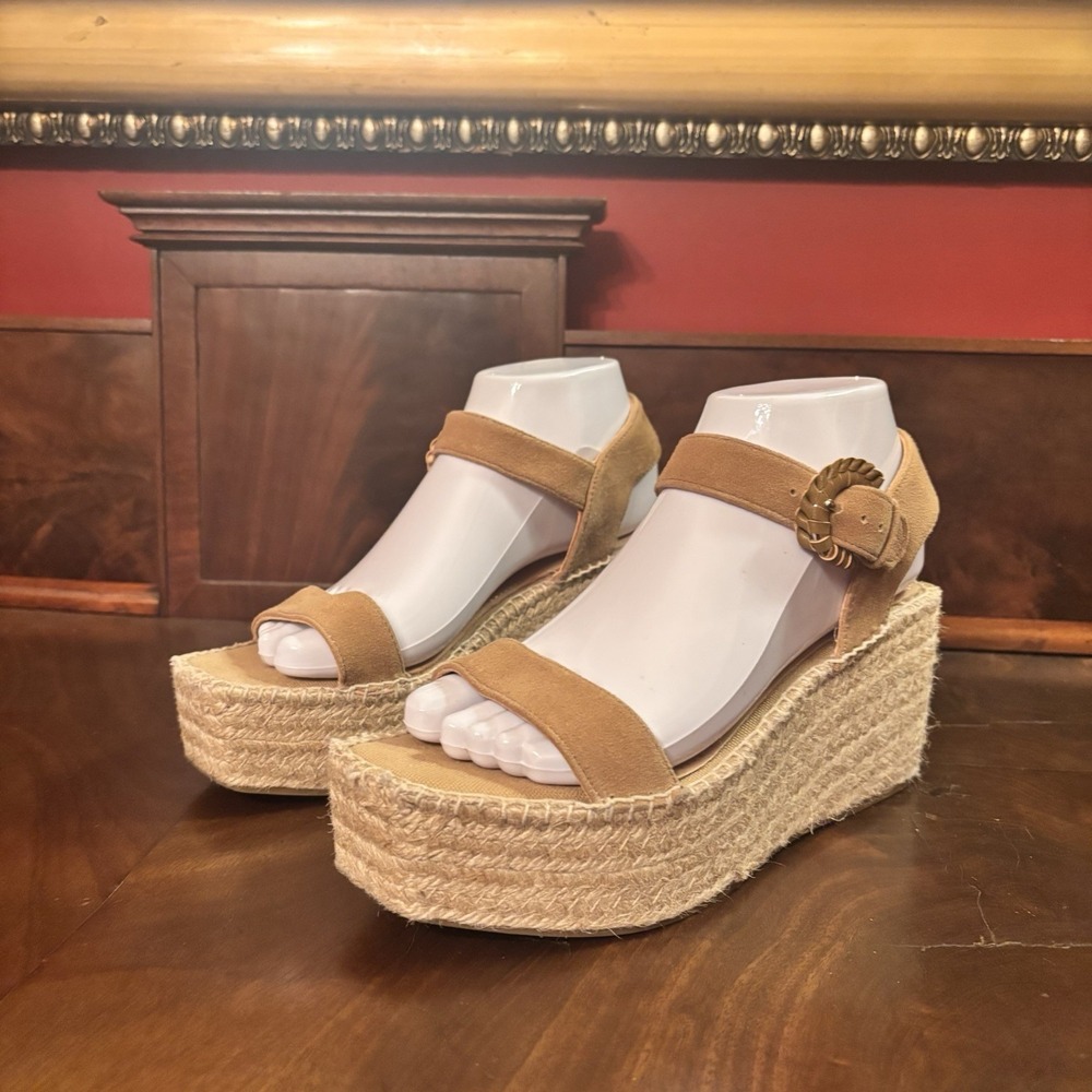 Boden Beige Leather Espadrille Platform Wedge Sandals Women's EU 38 US 7.5 8